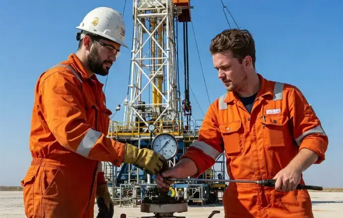 Oilfield technicians adjusting drilling equipment on site | Huron Smith Oil