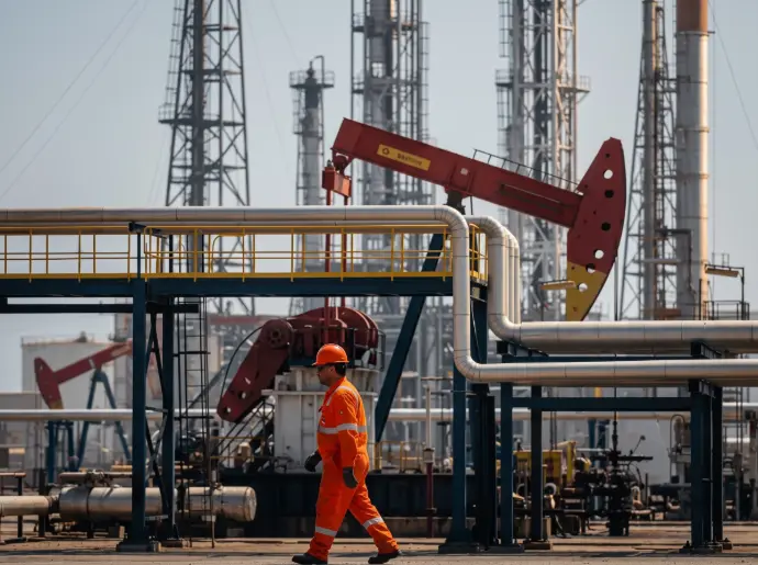 Industrial oil production facility with a worker in protective gear and pumpjacks operating in the field / HSO Trading