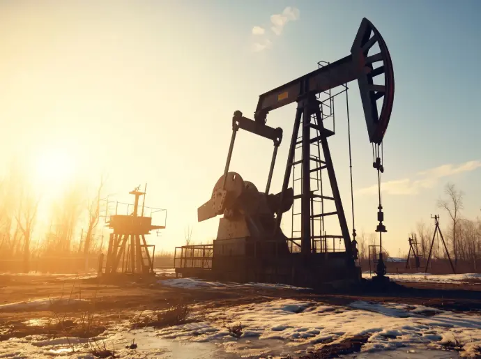 Oil pumpjack operating in an open field at sunrise / HSO Trading